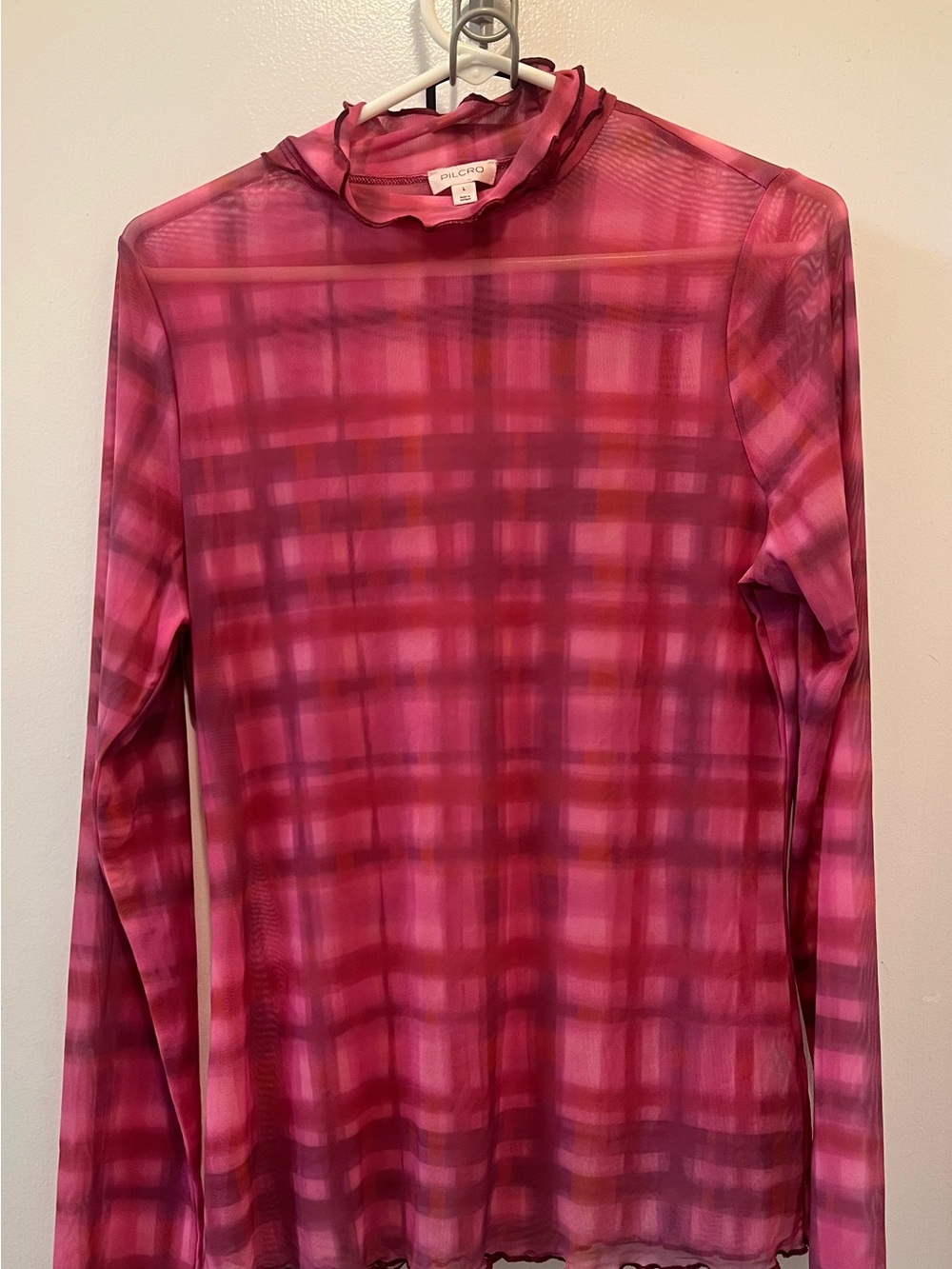 Pilcro Pink Plaid Long-Sleeve Mesh Top